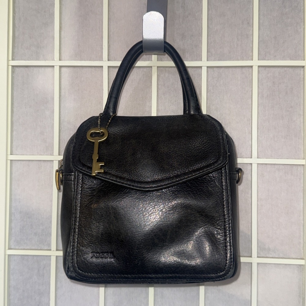 Vintage Fossil Top Handle Minimalist Shoulder Bag Soft Black Leather Mini Purse